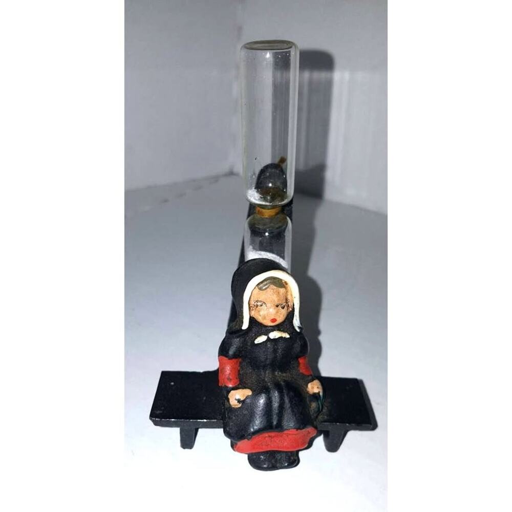 Vintage Egg Timer Kitchen Cast Iron Amish Girl Bench H17